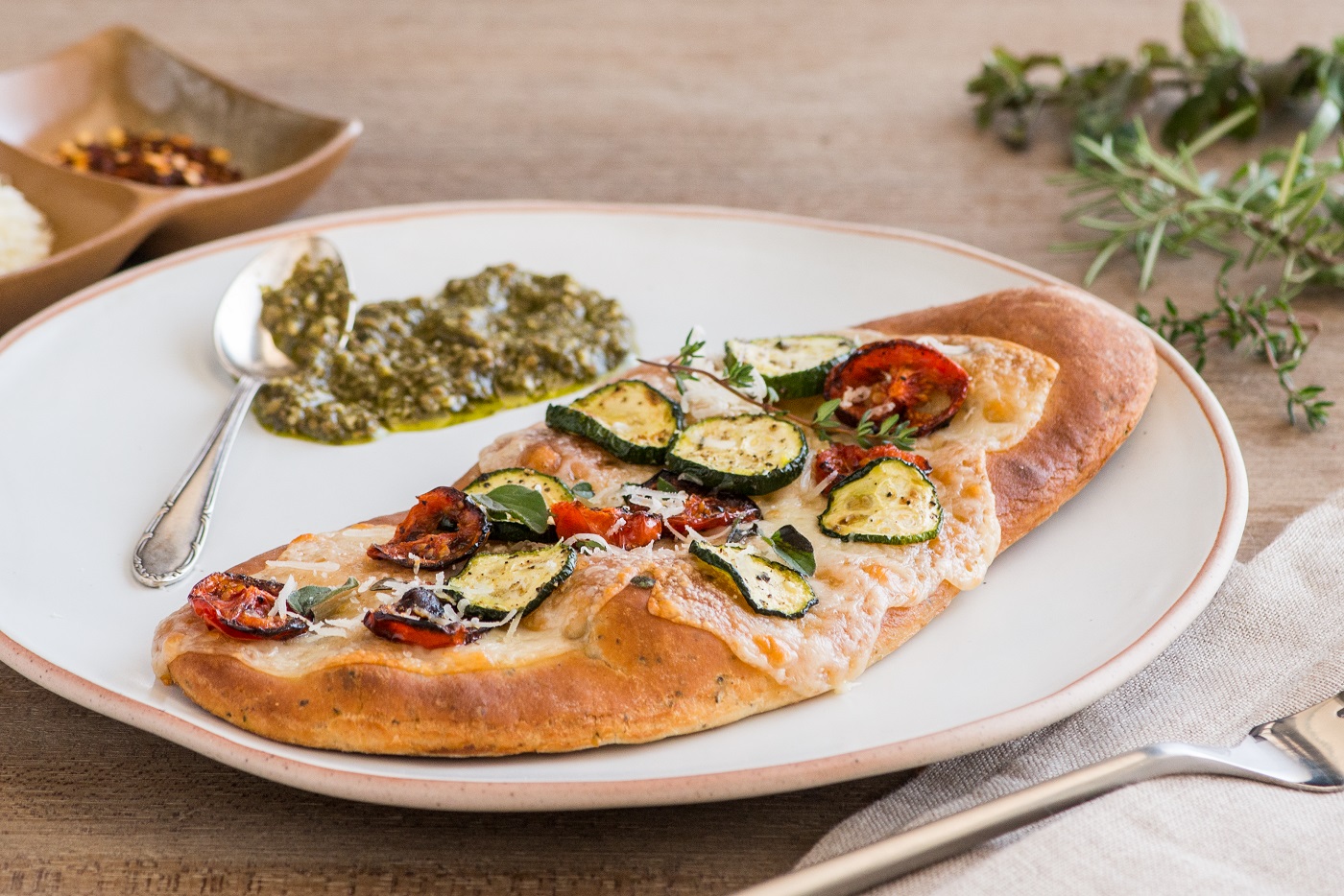 Oven Roasted Tomato and Zucchini, Fontina Cheese, Olive Oil