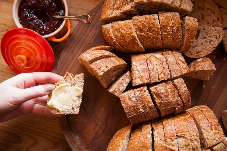 Tray of bread slices and spreads