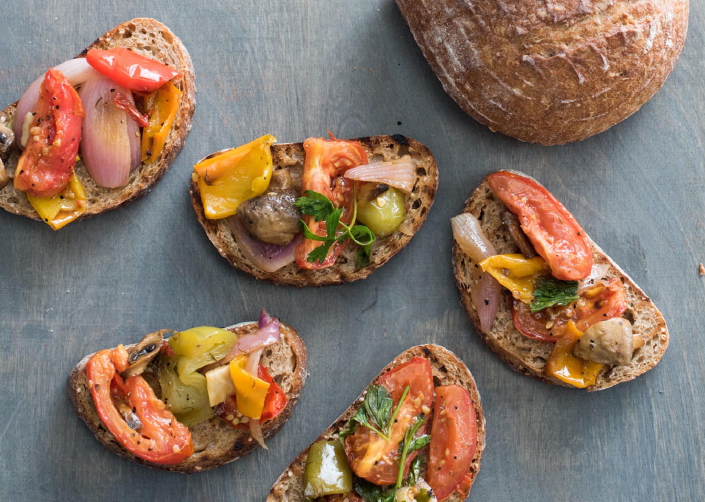 Oven Roasted Seasonal Vegetable Bruschetta