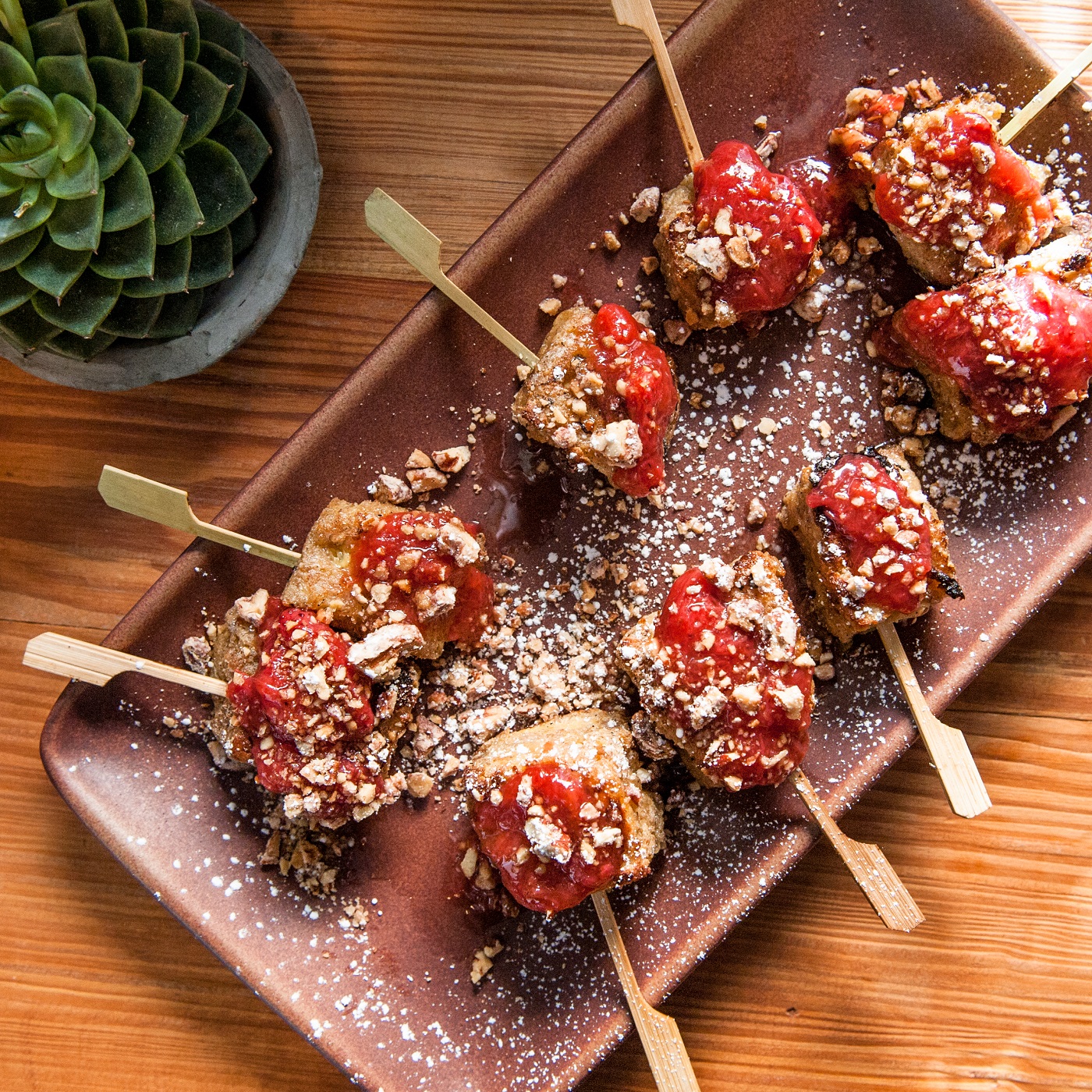 French Toast Skewers, Rhubarb Compote, Local Maple Syrup, Pecan Crunch