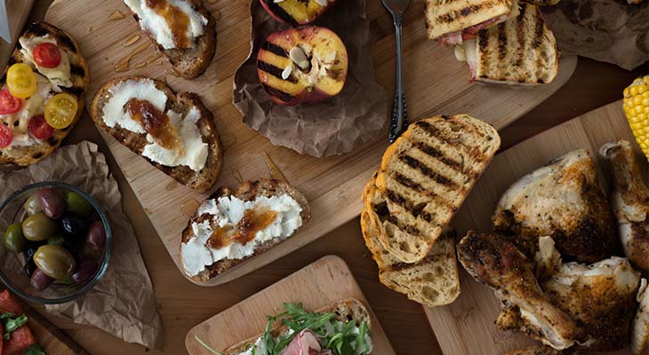 Overhead of grilled baguette platter