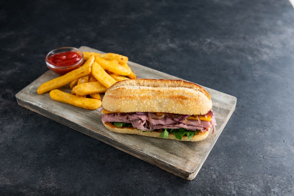 Roast Beef Sandwich with Grilled Onions and Chili Lime Mayo