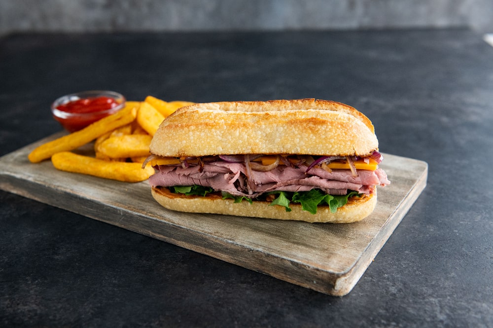 Roast Beef Sandwich with Grilled Onions and Chili Lime Mayo