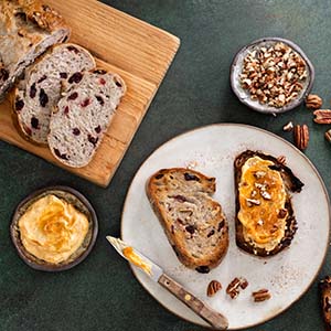 Pumpkin pie breakfast toast overhead on board