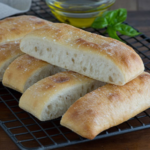 Slices of Ciabatta Bread loaf on a tray
