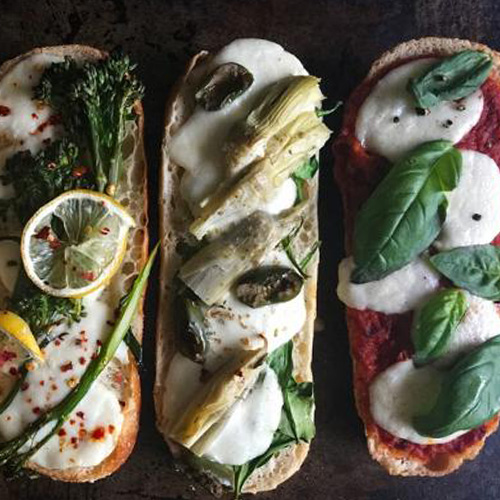 Overhead of french bread grilled pizza