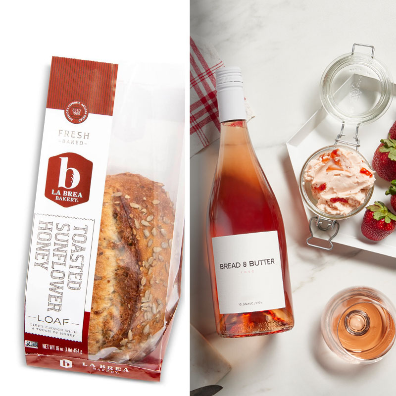 wine, bread, and strawberry jam