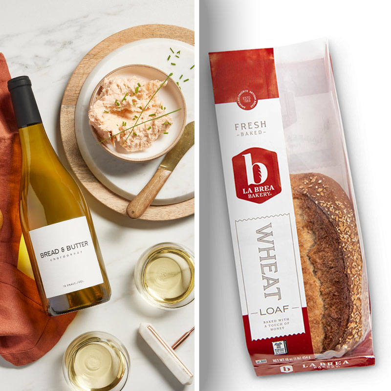 wine, bread, and smoked salmon butter