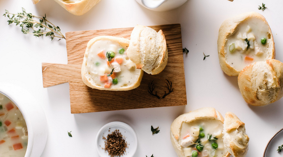 30 Min. Mini Creamy Chicken Noodle Bread Bowls