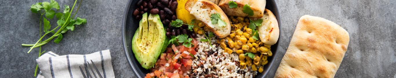 Warm Vegan Baja Bowl, with Vegan Jalapeno Jack Grilled Cheese Batons