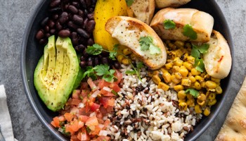 Warm Vegan Baja Bowl, with Vegan Jalapeno Jack Grilled Cheese Batons