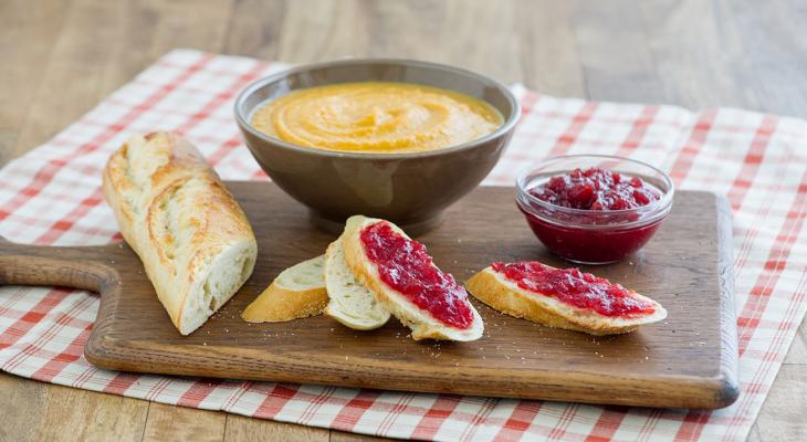 Baked Sweet Potato Soup with Cranberry Croustade