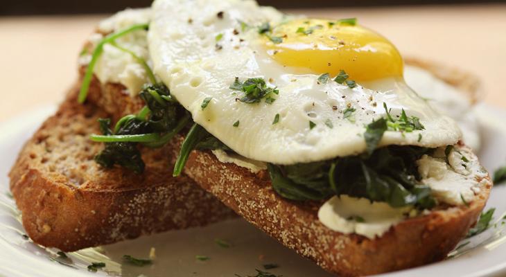 Open-Faced Breakfast Sandwich with Eggs, Spinach and Goat Cheese