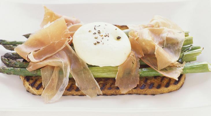 Asparagus Poached Egg Prosciutto and Fontina Cheese