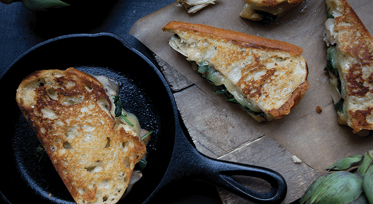 Classic Grilled Cheese with Sautéed Spinach and Artichokes