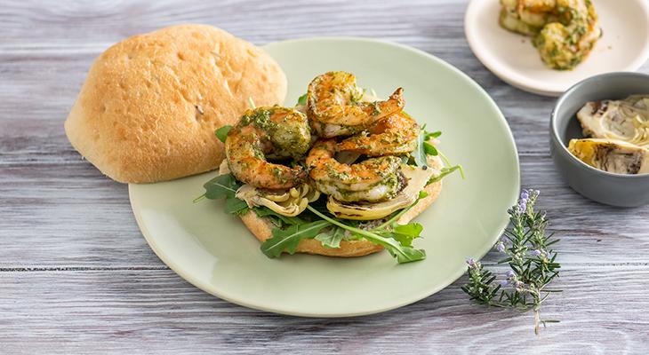 Sandwich of Grilled Pesto Shrimp with Artichoke and Arugula