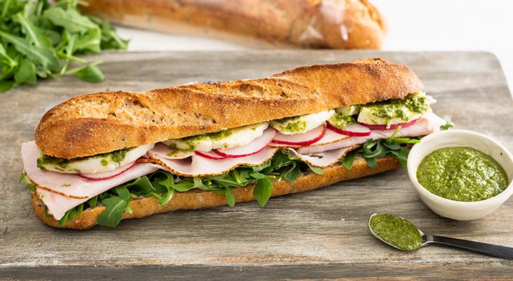 Close Up of Roasted Turkey, Mozzarella, Pesto Sandwich