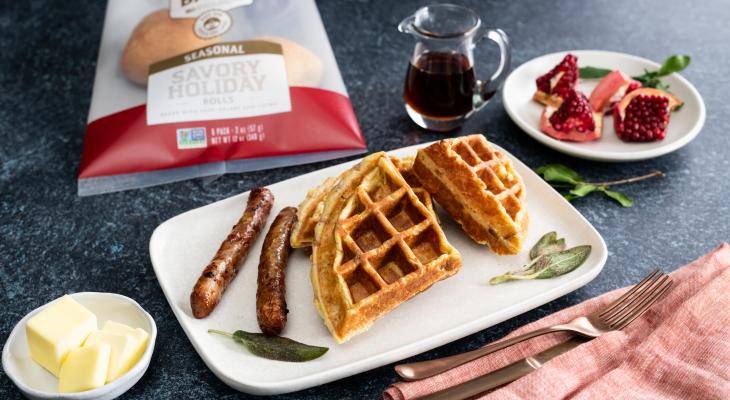 Savory Holiday Rolls Stuffing Waffles on a plate with meat, butter and toppings
