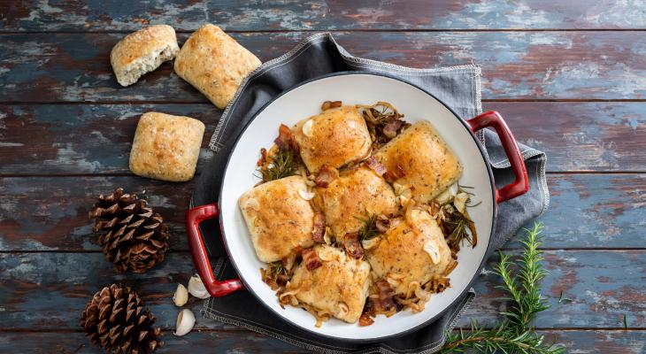 Garlic Butter and Bacon Baked Dinner Rolls in a Dish made with Seeded Sourdough Rolls
