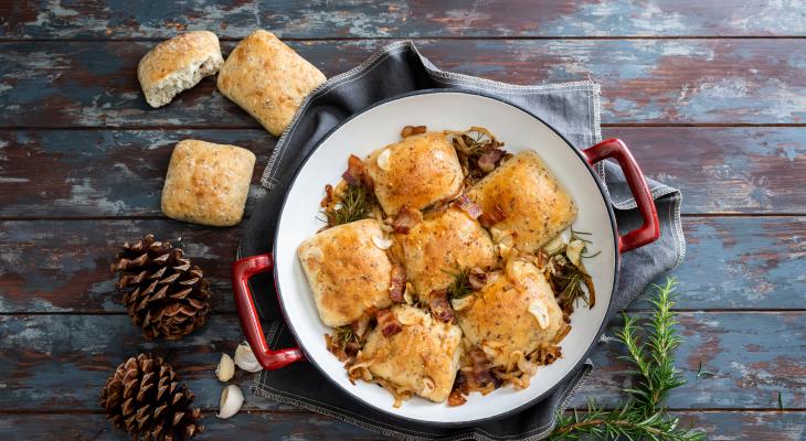 Garlic Butter and Panchetta Baked Dinner Rolls in a Dish made with Seeded Sourdough Rolls