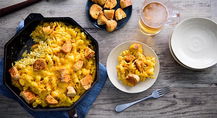 Blackened Chicken Mac n Cheese w/ Black and Blue Croutons