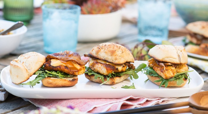 Grilled Chicken Slider Melts with Bacon and Carolina Mustard Sauce
