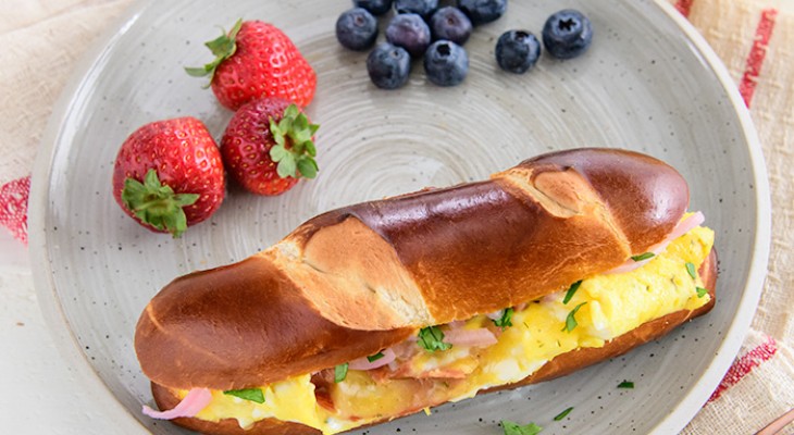 Country Ham and Cheddar Omelet on a Pretzel Bun