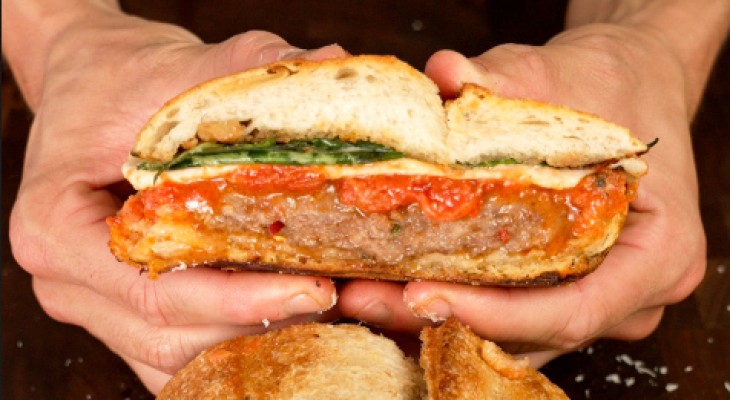 Grilled Sausage Parm Sandwich with Arrabbiata, Buffalo Mozzarella & Basil