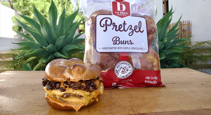 Double Patty Burgers with Bacon Onion Jam & Gochujang Mayo on Pretzel Buns