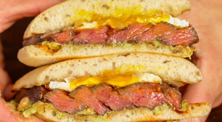 Steak & Egg Breakfast Sandwiches with Salsa Macha