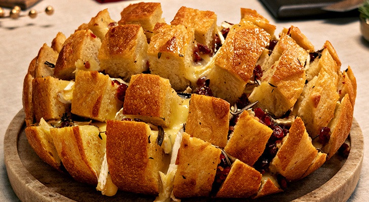Cooked loaf of cranberry and brie pull-apart bread 