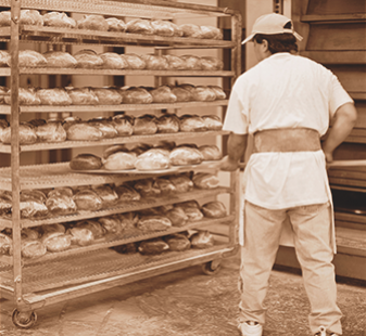 Baker placing loaves of bread on a shelf