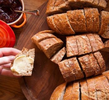 Tray of bread slices and spreads