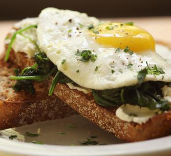 Open-Faced Breakfast Sandwich with Eggs, Spinach and Goat Cheese
