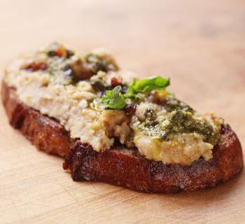 White Bean Crostini with Pancetta and Basil Pesto