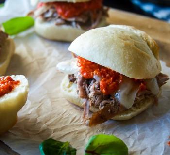 Slow Cooker Pork Tenderloin Sliders With Romesco and Manchego