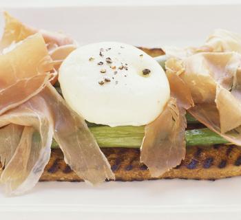 Asparagus Poached Egg Prosciutto and Fontina Cheese