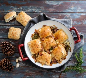 Garlic Butter and Bacon Baked Dinner Rolls in a Dish made with Seeded Sourdough Rolls