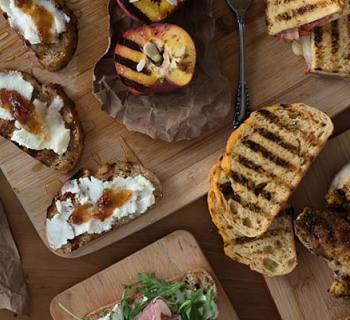 Overhead of grilled baguette platter