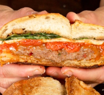 Grilled Sausage Parm Sandwich with Arrabbiata, Buffalo Mozzarella & Basil