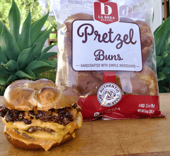 Double Patty Burgers with Bacon Onion Jam & Gochujang Mayo on Pretzel Buns